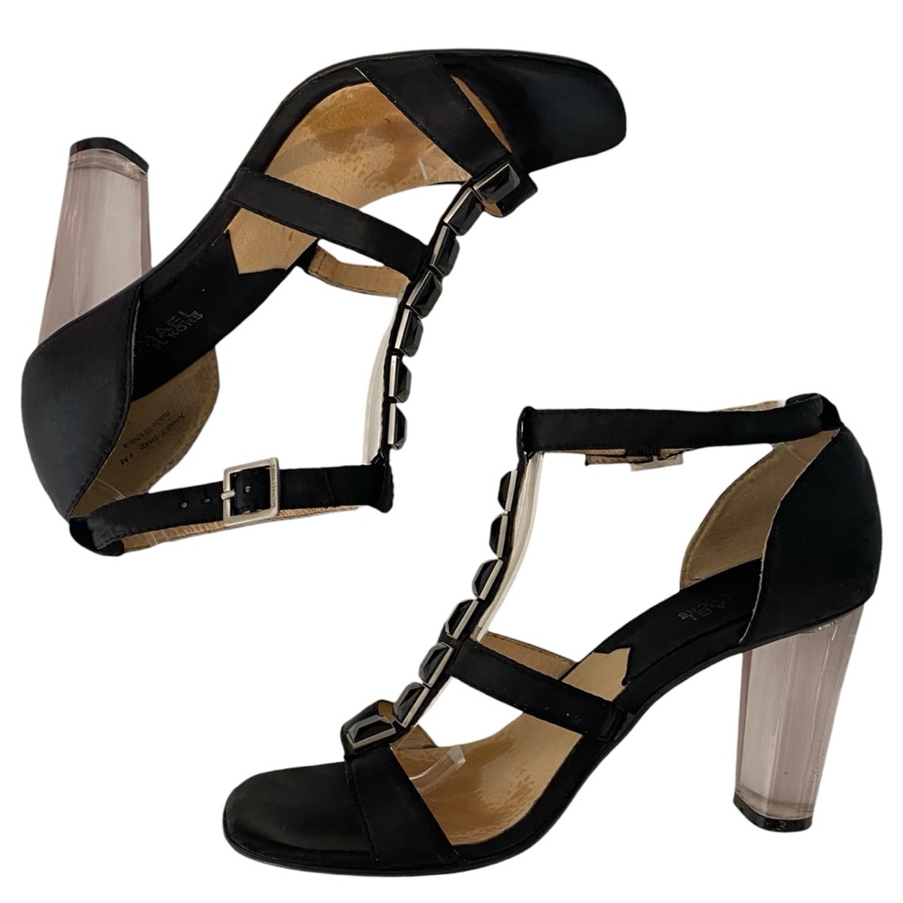 Michael Michael Kors Berkley Black Satin Jewel T-Strap Lucite Heel Sandals 9M
